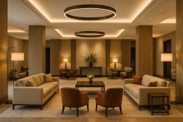 ردهة فندقية فاخرة بتصميم هادئ يعكس فلسفة الترف الخفي