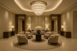 ردهة فندقية فاخرة بتصميم هادئ يعكس فلسفة الترف الخفي