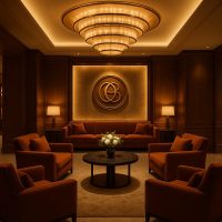 ردهة فندقية فاخرة تعكس هوية العلامة العاطفية من خلال التصميم والإضاءة