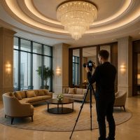 ردهة فندقية فاخرة تُستخدم كمشهد لتصوير المحتوى الإبداعي على وسائل التواصل