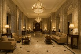 ردهة فندقية كلاسيكية تستخدم الرخام الطبيعي كعنصر فخامة هادئة