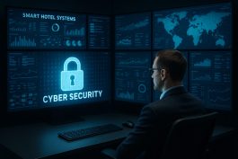 غرفة تحكم رقمية تراقب الأنظمة الذكية داخل الفندق للحفاظ على الأمان السيبراني