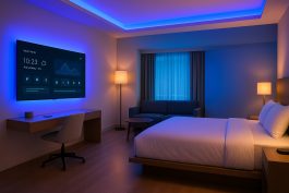 غرفة ذكية بإضاءة متكيفة تعكس مفهوم الضيافة الذكية الحديثة