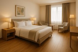 غرفة فندقية بأرضيات خشبية طبيعية تمنح شعورًا بالدفء والسكينة