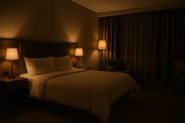 غرفة فندقية بإضاءة خافتة تعزز النوم العميق والراحة الذهنية