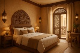 غرفة فندقية بتصميمٍ دافئ مستوحى من المنازل العربية التقليدية