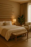 غرفة فندقية راقية بأقمشة ناعمة وخامات طبيعية تعزز شعور الراحة والدفء