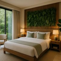 غرفة فندقية راقية تُجسّد الانسجام بين الطبيعة والتصميم المستدام