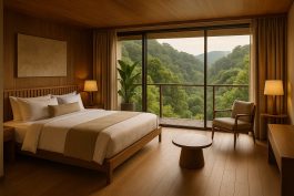 غرفة فندقية راقية تُجسّد مفهوم الانسجام بين الطبيعة والفخامة