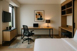 غرفة فندقية عصرية مُهيأة كمكتب إنتاجي متكامل