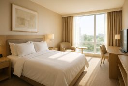 غرفة فندقية غارقة في الضوء الطبيعي الناعم تعزز شعور الراحة والانفتاح