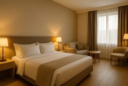 غرفة فندقية متوازنة الإضاءة تدمج بين الهدوء والحميمية