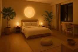 غرفة فندقية مخصصة لتجارب التأمل والعافية بإضاءة دافئة وديكور طبيعي