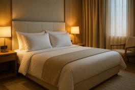 غرفة نوم فندقية راقية بإضاءة بيولوجية ووسائد مخصصة للنوم العميق