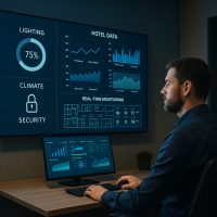 لوحة تحكم مركزية تعرض بيانات الفندق من أنظمة الإضاءة والتكييف والأمن في الوقت الفعلي