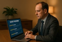 مدير خدمة العملاء يراجع التقييمات الإلكترونية لضمان تحسين تجربة النزلاء