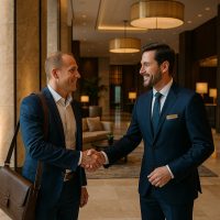 مدير ضيافة يودّع ضيفًا بابتسامة واهتمام صادق بعد إقامة مميزة