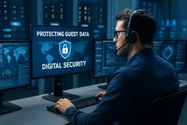 موظف تكنولوجيا معلومات يتابع حماية بيانات النزلاء في مركز الأمن الرقمي للفندق