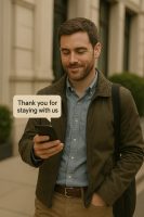 نزيل يتلقى رسالة شكر رقمية من الفندق بعد المغادرة تعكس الاهتمام بالتفاصيل