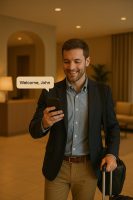 نزيل يستقبل رسالة ترحيب شخصية عند وصوله للفندق