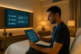 نزيل يستمتع بتجربة ضيافة رقمية تتحكم فيها الأنظمة الذكية بتفاصيل الغرفة