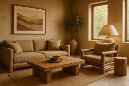 تصميم داخلي يستخدم المواد الطبيعية والألوان الترابية لإيصال إحساس بالأمان