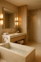 حمّام فندقي فاخر بمواد طبيعية تجمع بين الرخام والخشب