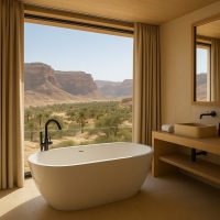 حوض استحمام بإطلالة بانورامية على الطبيعة في فندق سعودي فاخر