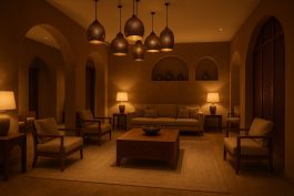 ردهة فندقية بإضاءة دافئة تجمع بين الطابع المحلي والتصميم العصري