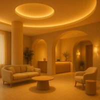 ردهة فندقية بإضاءة ذهبية دافئة تخلق ترحيبًا بصريًا للنزلاء