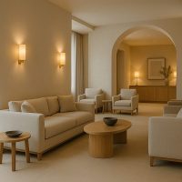 ردهة فندقية بإضاءة ناعمة تبرز مفهوم الهدوء والترحيب الصامت