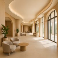 ردهة فندقية بتصميم انسيابي يعتمد على الزوايا الدائرية والضوء الطبيعي