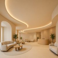 ردهة فندقية بتصميم منحنٍ يعكس الانسيابية والسكينة البصرية