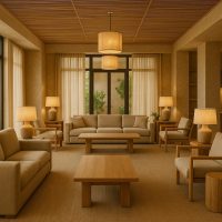 ردهة فندقية بتصميم يجمع بين الأقمشة الطبيعية والمواد المستدامة