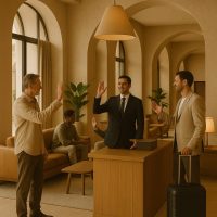 ردهة فندقية تُظهر التفاعل الإنساني بين النزلاء والعاملين بلغة الجسد فقط