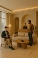 ردهة فندقية حديثة بتصميم يعكس تفاعل الشخصيات المختلفة داخل بيئة واحدة متناغمة