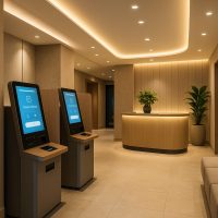 ردهة فندقية حديثة مزودة بشاشات تسجيل ذاتي وإضاءة ذكية