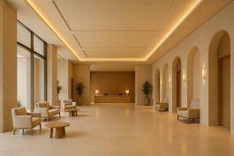 ردهة فندقية فسيحة تعتمد على المساحات الفارغة لتوليد شعور بالسكينة