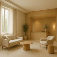 ردهة فندقية هادئة بإضاءة طبيعية وديكور خشبي يعزز السكون