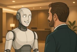 روبوت استقبال يبتسم بلطف أمام نزيل، بعد أن تعرّف على مشاعره من تعبير وجهه