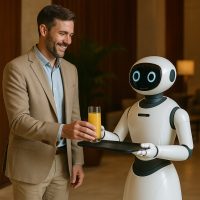 روبوت خدمة فندقية يقدم مشروبًا للضيف بطريقة ودودة ومبرمجة
