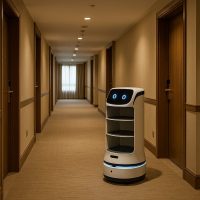 روبوت فندقي يقوم بتوصيل الطلبات إلى الغرف ضمن بيئة تشغيل ذاتية