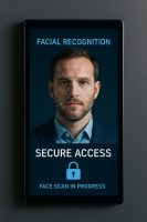 شاشة رقمية حديثة تعرض نظام الدخول الآمن بتقنية بصمة الوجه