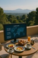 طاولة إفطار خارجية على شرفة تطل على الطبيعة، تعكس فلسفة الإيقاع البطيء