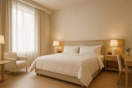 غرفة فندقية بأقمشة قطنية طبيعية تمنح إحساسًا بالنعومة والراحة