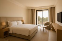 غرفة فندقية بتصميم بسيط دون رموز تجارية واضحة، تعكس فخامة خفية