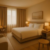 غرفة فندقية بتصميم بسيط ودافئ يعكس فلسفة العناية دون كلمات