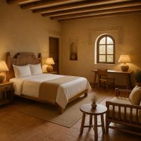 غرفة فندقية بتفاصيل معمارية تراثية وأثاث مصنوع يدويًا من مواد طبيعية