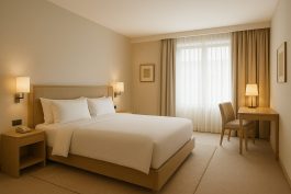 غرفة فندقية بديكور بسيط وألوان محايدة توفر للنزيل راحة بصرية وذهنية