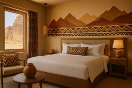 غرفة فندقية تُبرز هوية المكان عبر تفاصيل ديكورية تعكس الثقافة المحلية